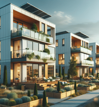 Modernt flerbostadshus med solpaneler och gröna detaljer, fokus på energieffektiva fönster och hållbara material, ljus nordisk miljö