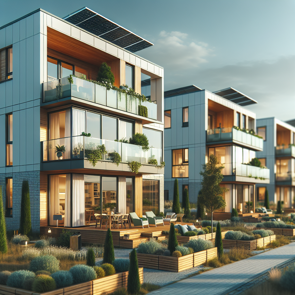 Modernt flerbostadshus med solpaneler och gröna detaljer, fokus på energieffektiva fönster och hållbara material, ljus nordisk miljö