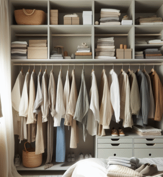 En modern, välorganiserad garderob med tidlösa plagg, hållbara material, neutrala färger och mjukt naturligt ljus; detaljer av återbrukade kläder och minimalistisk inredning.