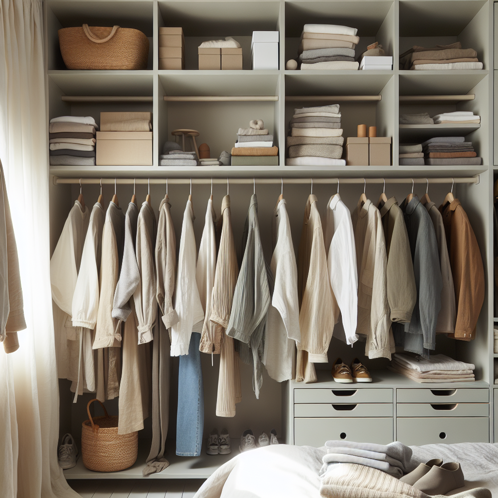 En modern, välorganiserad garderob med tidlösa plagg, hållbara material, neutrala färger och mjukt naturligt ljus; detaljer av återbrukade kläder och minimalistisk inredning.
