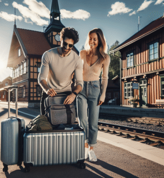 Par som packar lätt för weekendresa framför tågstation, svensk småstad i bakgrunden, soligt ljus, modern och hållbar reseutrustning