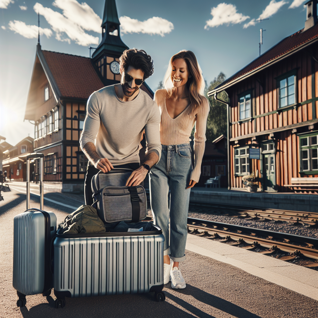 Par som packar lätt för weekendresa framför tågstation, svensk småstad i bakgrunden, soligt ljus, modern och hållbar reseutrustning