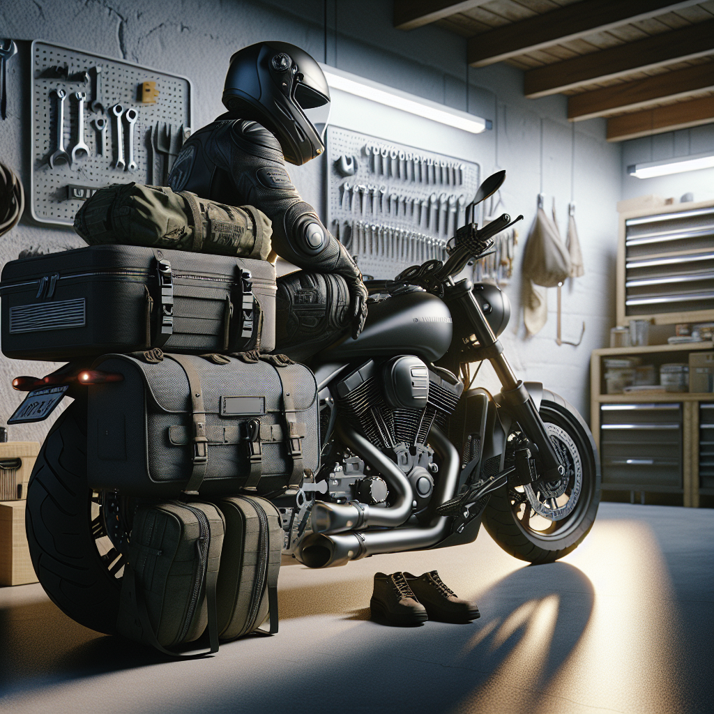 Motorcyklist utrustad med moderna tillbehör: hjälm med Bluetooth, tankväska, sidoväskor och USB-port, parkerad vid garage med organiserade verktyg, realistisk stil